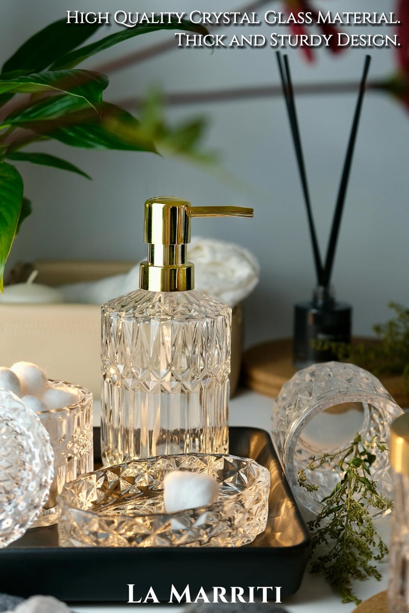 LaMarriti Glass Bathroom Accessories Set  5pcs Crystal Clear Bathroom Accessories  Toothbrush Holder Set  Lotion Dispenser  Soap Dish  Tumbler  Qtips Holder  Vintage Bathroom Decor - Image 5